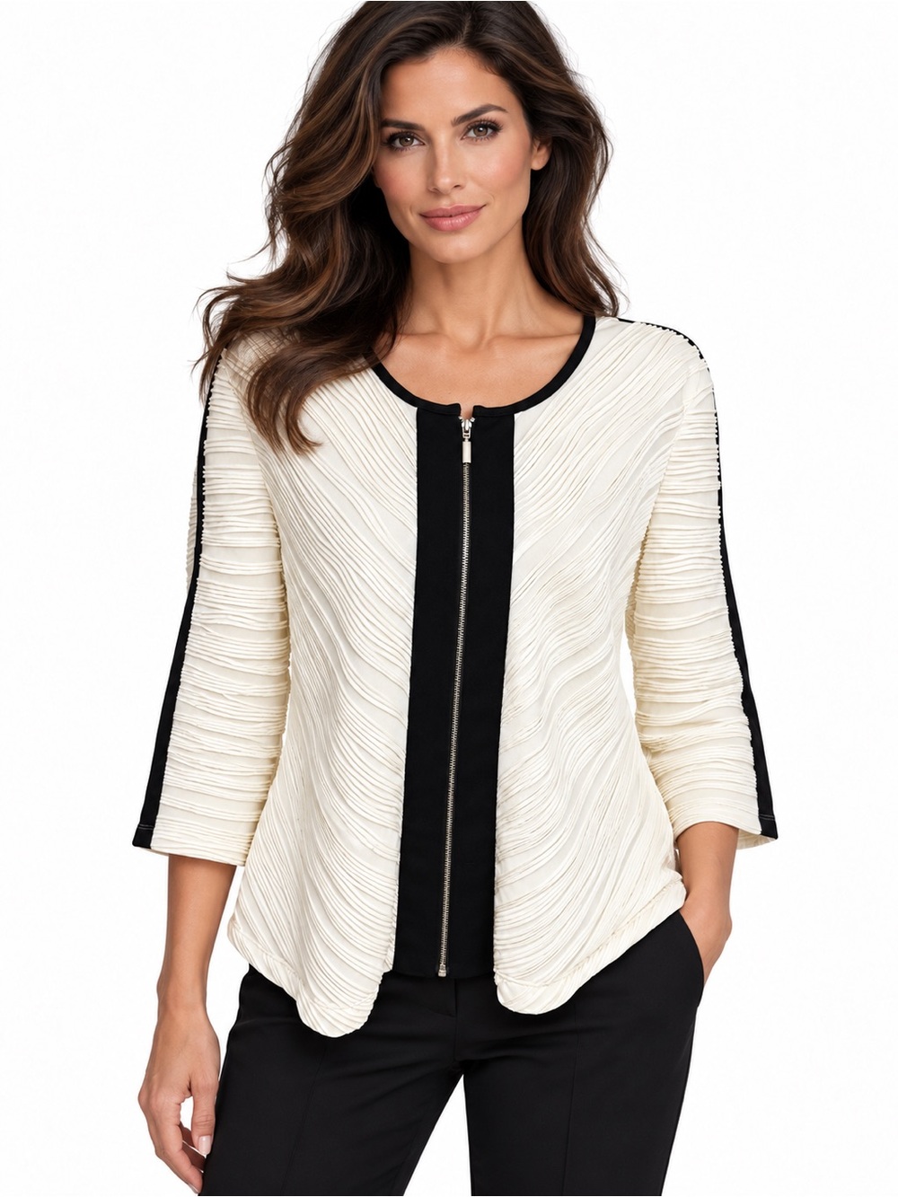 Alfani Women’s XL Ivory Black Textured Zip Front Jacket 3/4 Sleeve